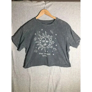 Womens Cali Cropped Tee Shirt Star Crossed Lovers Celestial Stars Moon Acid Wash